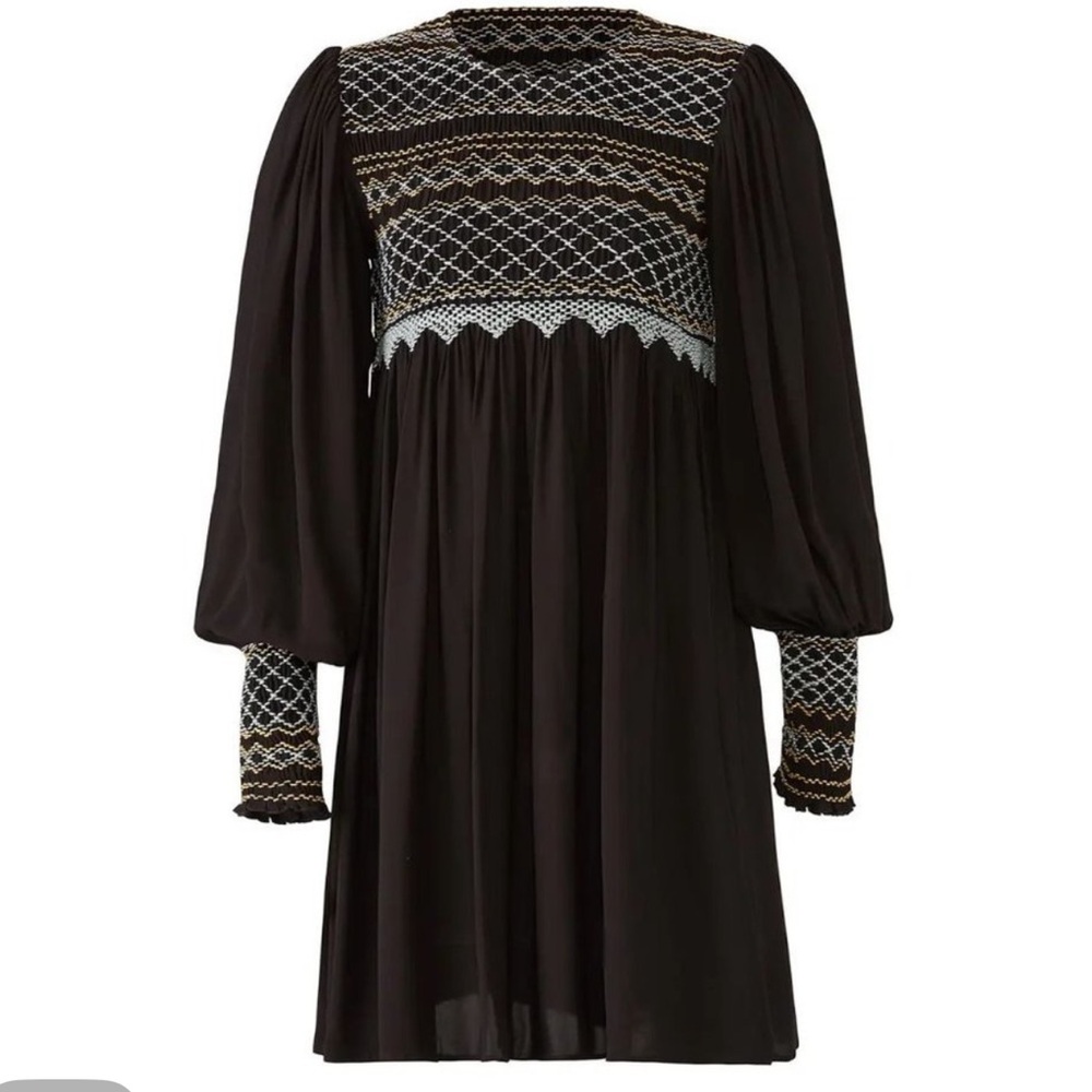 Free people late night picnic smocked long sleeve embroidered dress - Picture 4 of 13